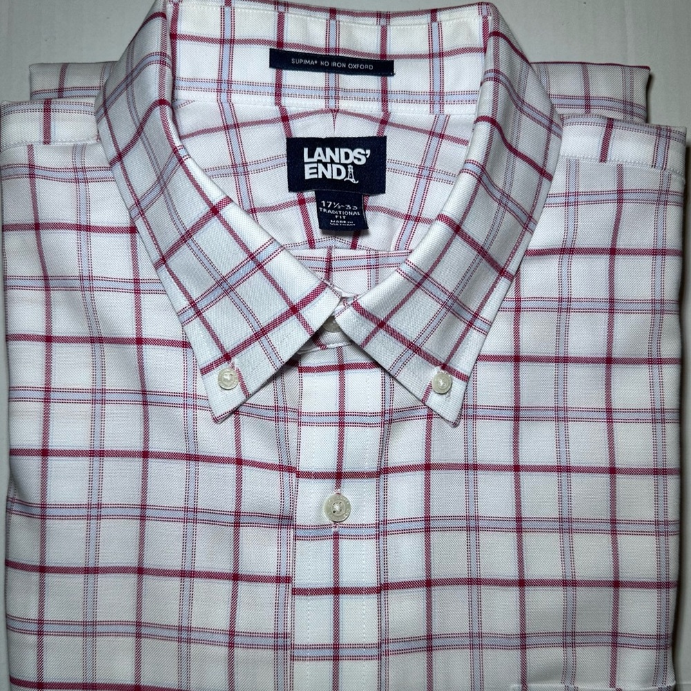 Lands’ End Supima No Iron Plaid Oxford Traditional Fit 17 1/2-33 Red/Blue